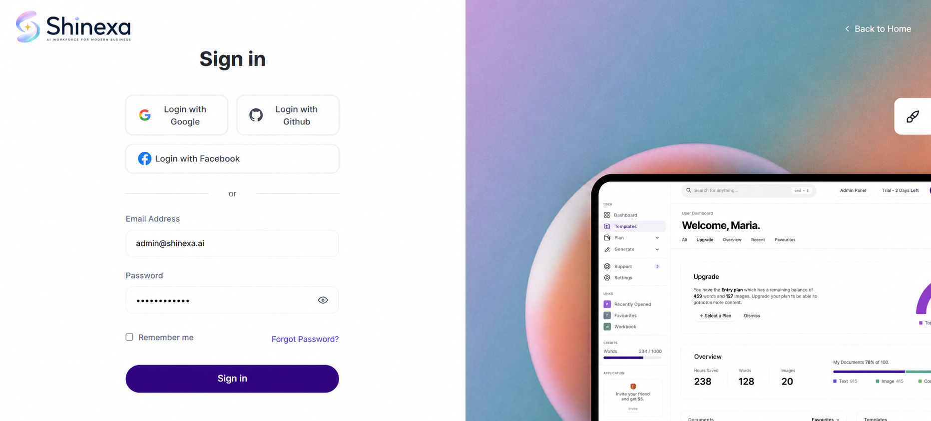 Shinexa Secure Sign-in interface