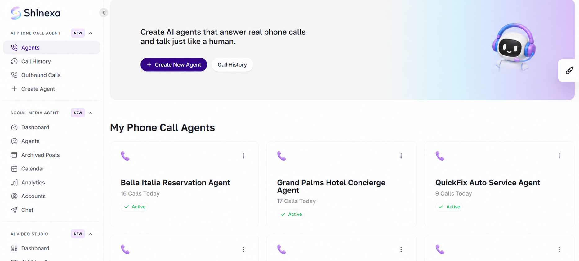 Shinexa Phone Agents interface