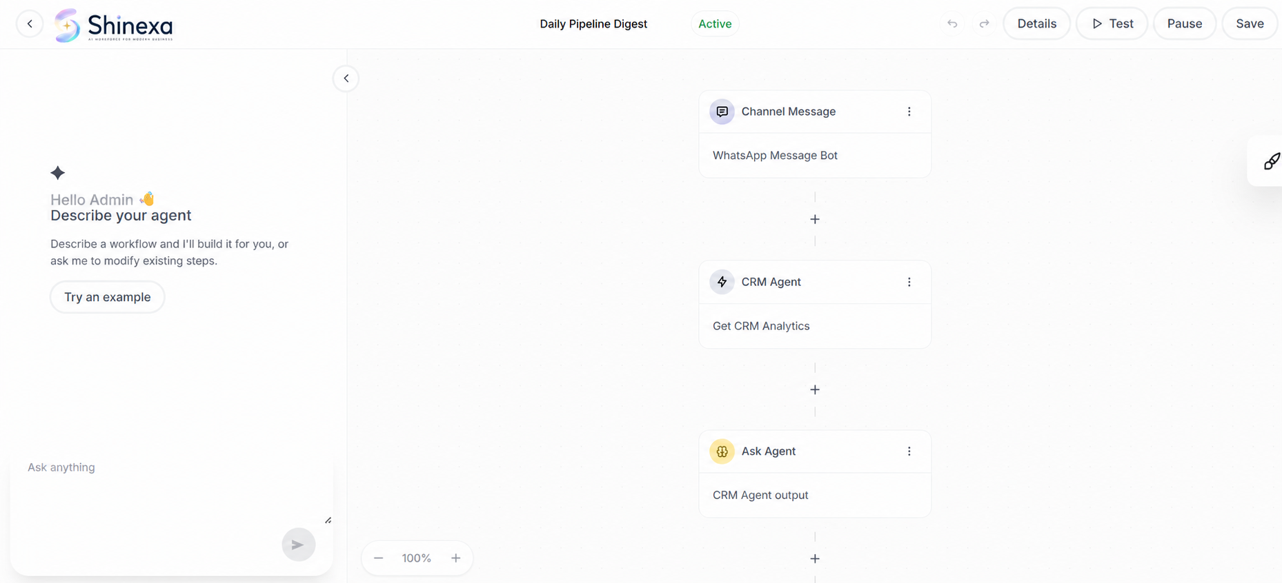 Shinexa Visual Workflow Builder interface