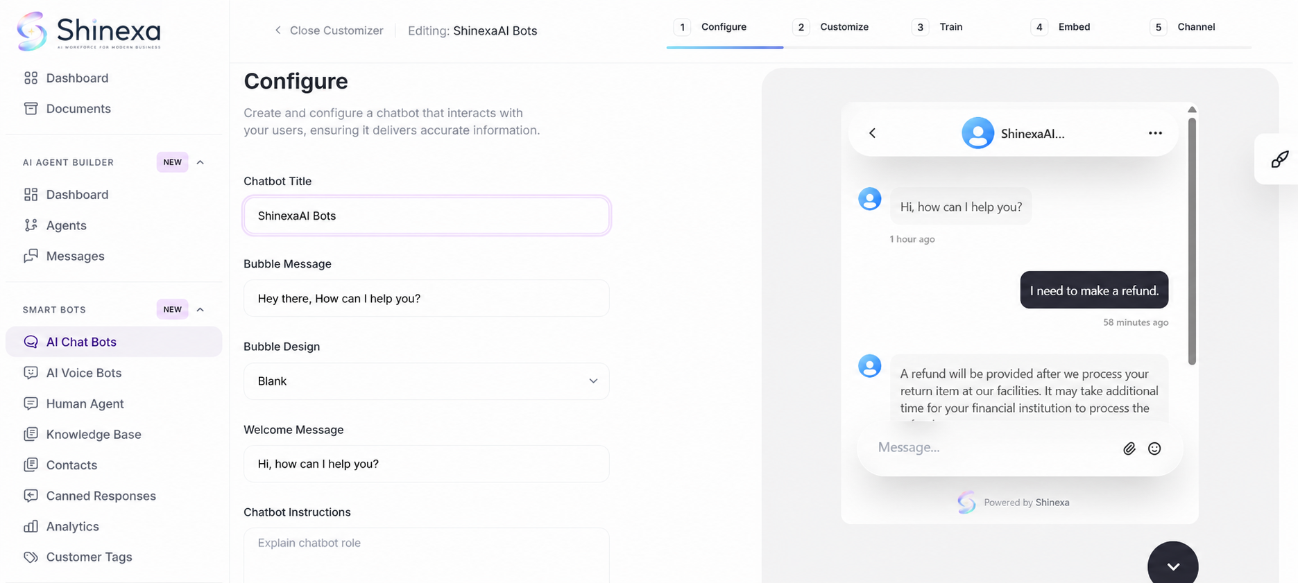 Shinexa AI Chat Bot Builder interface